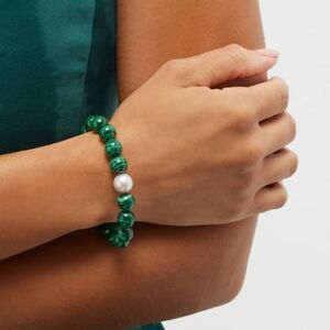 Natural Freshwater Pearl Malachite Bracelet Silver Charm Nieman Marcus Jewelry